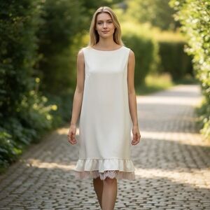 CALVIN KLEIN | NWT White Sleeveless Dress Gold Zipper Ruffle Lace Accents | 12